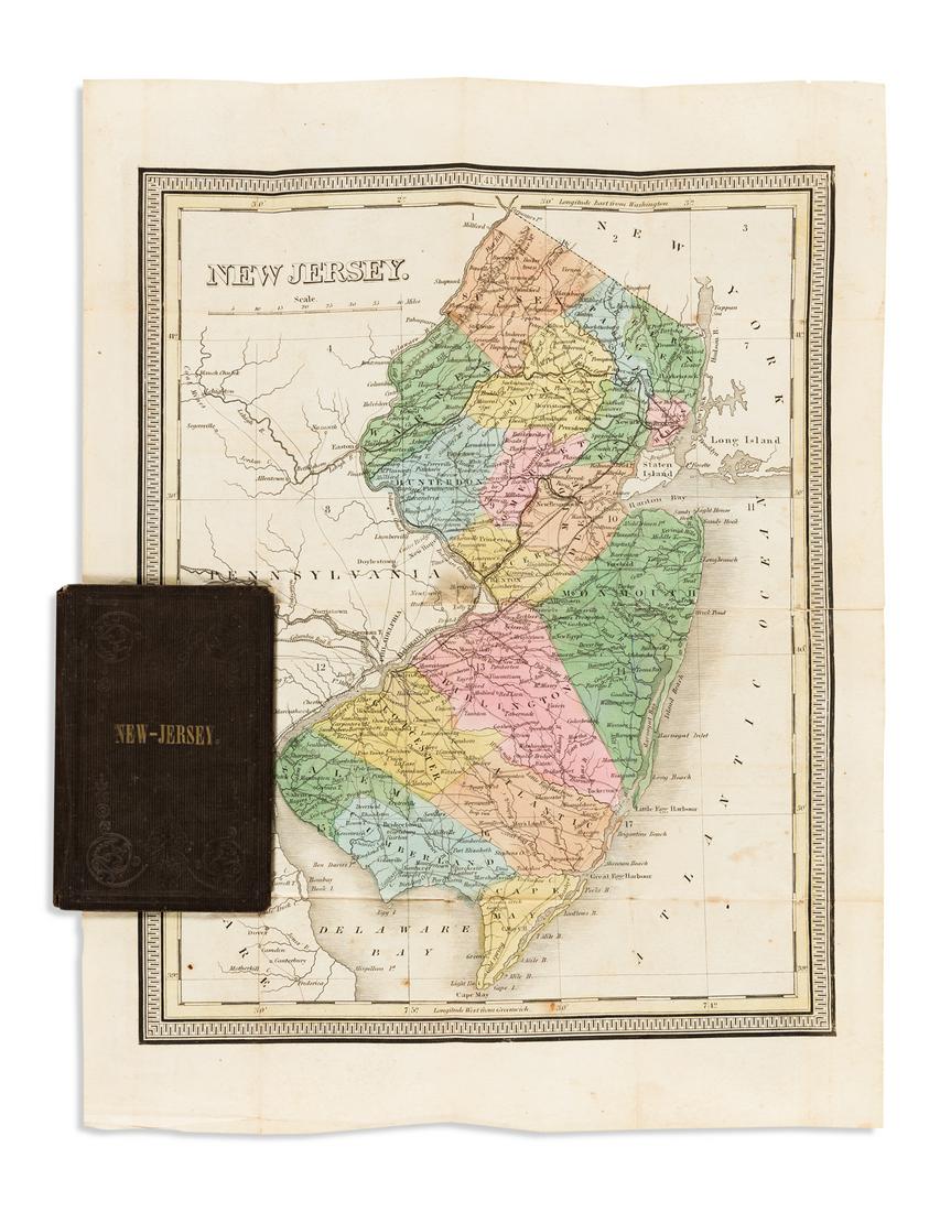 (NEW JERSEY.) Miniature hand-colored engraved pocket: (NEW JERSEY.) Miniature hand-colored engraved pocket map. 14x10¾ inches overall, folding into original gilt-blocked cloth case; minor foxing; ink ownership inscription of John Kirby on front past