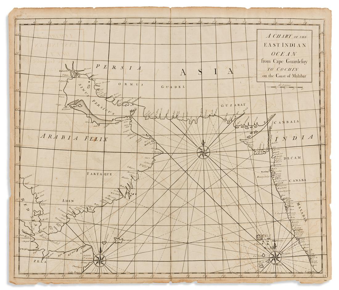 SENEX, JOHN; HALLEY, SIR EDMUND; CUTLER, NATHANIEL; et: SENEX, JOHN; HALLEY, SIR EDMUND; CUTLER, NATHANIEL; et al. A Chart of the East Indian Ocean from Cape Guardefoy to Cochin on the Coast of Malabar. Double-page engraved chart of the Arabian Sea between