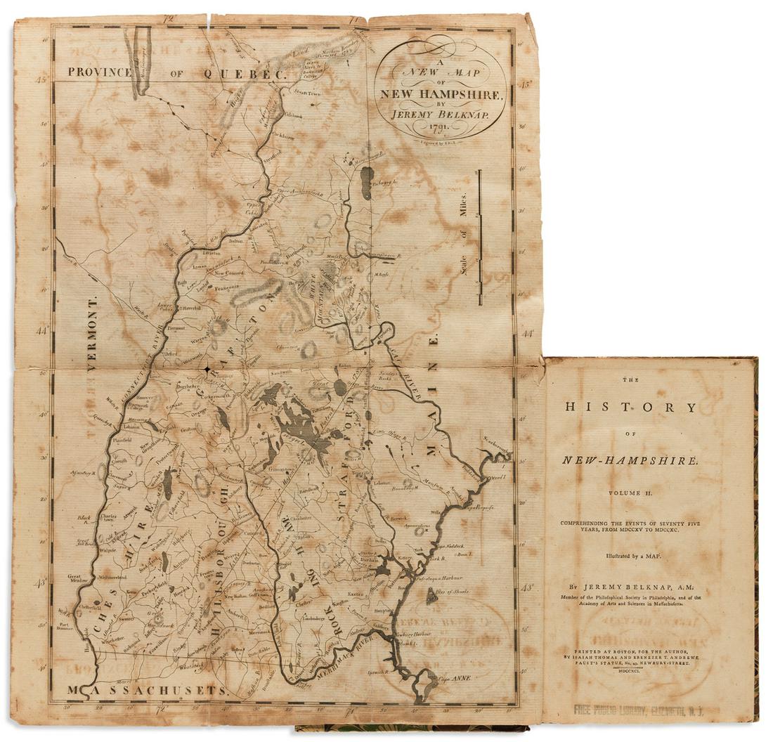 BELKNAP, JEREMY. The History of New Hampshire.: BELKNAP, JEREMY. The History of New Hampshire. Engraved folding map. 3 volumes. 8vo, 8¼x5¼ inches, modern quarter calf; some staining, map heavily offset and with closed splits along fold li
