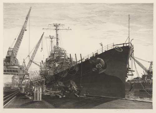 JOHN TAYLOR ARMS U.S.S. Columbia Under Constru: JOHN TAYLOR ARMS U.S.S. Columbia Under Construction at the New York Shipbuilding Corporation, Camd mden, N.J.--1942. Etching and drypoint, 1945. Second state (of 2). Edition of 766. Signed, dated and