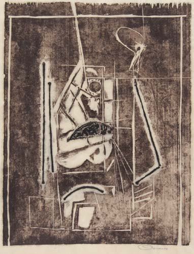 SAM GLANKOFF Composition.: SAM GLANKOFF Composition. Color woodcut on Japan paper, circa 1955. 355x277 mm; 14x11 inches, full margins. Signed in pencil, lower right. A very good impression of this scarce print. All items a