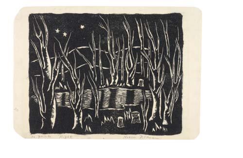 AMERICAN PRINTMAKERS Three woodcuts.: AMERICAN PRINTMAKERS Three woodcuts. FISKE BOYD. The Hay Meadow. Signed, titled, and numbered 28/125 and #147 in pencil, lower margin * HOBSON PITTMAN. Moonlit Terrace, on soft fibrous Japan paper. S
