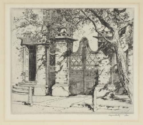 AMERICAN PRINTMAKERS Group of 5 prints.: AMERICAN PRINTMAKERS Group of 5 prints. ALFRED HUTTY. Charleston Gate, etching with drypoint. Signed and inscribed "imp" in pencil, lower right * PETER HURD. Sermon from "Revelations" (No. 2), lithog