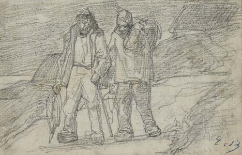 EUGÈNE BOUDIN Deux hommes après la chasse aux: EUGÈNE BOUDIN Deux hommes après la chasse aux canards. Pencil on cream laid paper. 103x154 mm; 4 1/8x6 1/8 inches. With the artist's initials blue ink stamp (Lugt 828, lower right recto). All ite