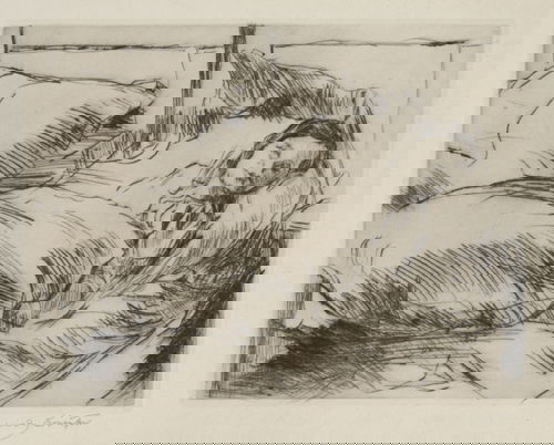 LOVIS CORINTH Das Kranke Kind.: LOVIS CORINTH Das Kranke Kind. Drypoint, 1918. 188x244 mm; 7 1/2x9 5/8 inches, full margins. Signed in pencil, lower right. Small pale brown stain lower center margin, well outside the plate mark. A b