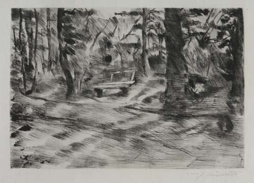 LOVIS CORINTH Bank im Wald II.: LOVIS CORINTH Bank im Wald II. Drypoint on thin cream laid paper, 1918. 275x400 mm; 10 7/8x15 3/4 inches, wide (full ?) margins. Edition of 75. Signed in pencil, lower right. A brilliant impression of