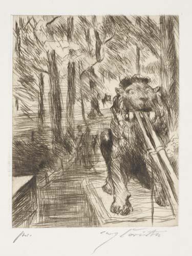 LOVIS CORINTH Die Löwenbrücke im Berliner Tier: SCARCE PROOF. LOVIS CORINTH Die Löwenbrücke im Berliner Tiergarten. Drypoint printed in sepia on chine-collé, 1919. 200x160 mm; 7 7/8x6 1/4 inches, full margins. Second state (of