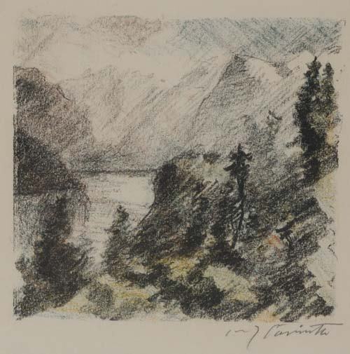 LOVIS CORINTH Bergsee.: LOVIS CORINTH Bergsee. Color lithograph on wove paper, 1923. 165x175 mm; 6 1/2x6M 7/8 inches, wide margins. Edition of 75. Signed in pencil, lower right. Published by Verlag der Münster. From Schweiz