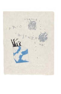 MASUO IKEDA Gli angeli mi disturbano (Angels d: MASUO IKEDA Gli angeli mi disturbano (Angels disturb me). Portfolio with 7 color etchings with aquatint and roulette (1 with collage) on Japan paper. Each 285x227 mm; 11 1/4x9 inches (sheets), full ma