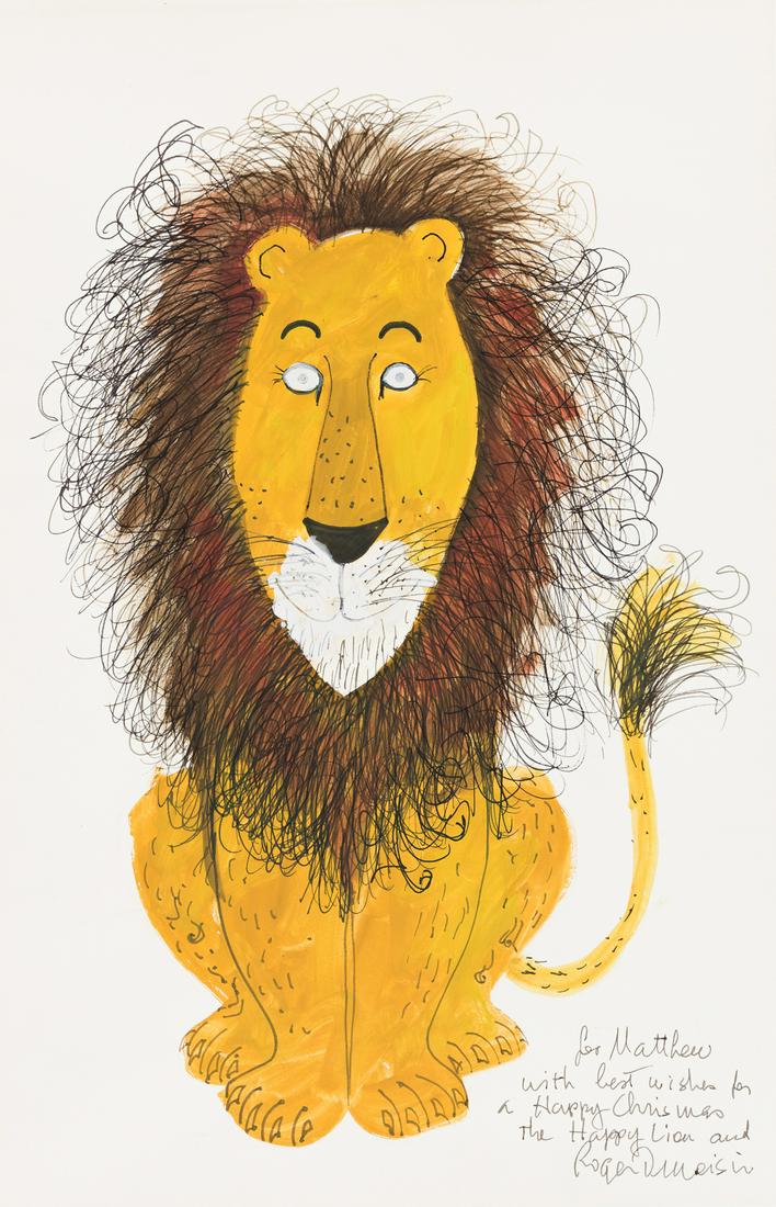 ROGER DUVOISIN (1900-1980) The Happy Lion. [CHILDRENS]: ROGER DUVOISIN (1900-1980) The Happy Lion. A unique gift painting of Duvoisin's most famous story character, circa early 1970s. Watercolor, ink, and wash on paper. 515x343 mm; 20¼x13½ inches