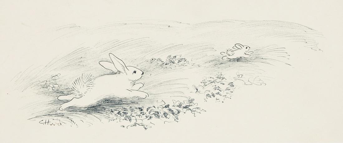 CLEMENT HURD (1908-1988) "Running Away." [CHILDRENS /: CLEMENT HURD (1908-1988) "Running Away." Illustration published on the first page of the 1972 edition of Margaret Wise Brown's The Runaway Bunny, revised, with new illustrations (New York: Harper & Ro