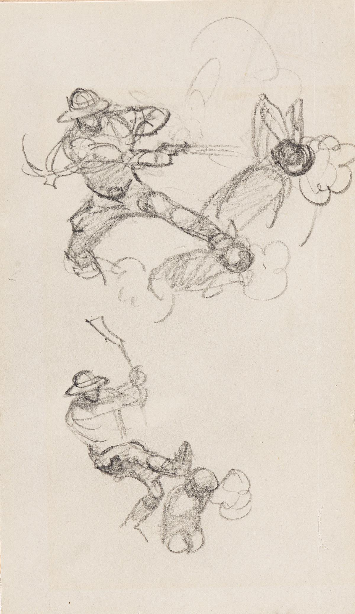 FRANK FRAZETTA (1928-2010) Concept sketch for cover of: FRANK FRAZETTA (1928-2010) Concept sketch for cover of National Lampoon, April 1971. Features two small sketches of a gun shooting and attack. Graphite on board, 135x85 mm; 5½x3¾, cut from a