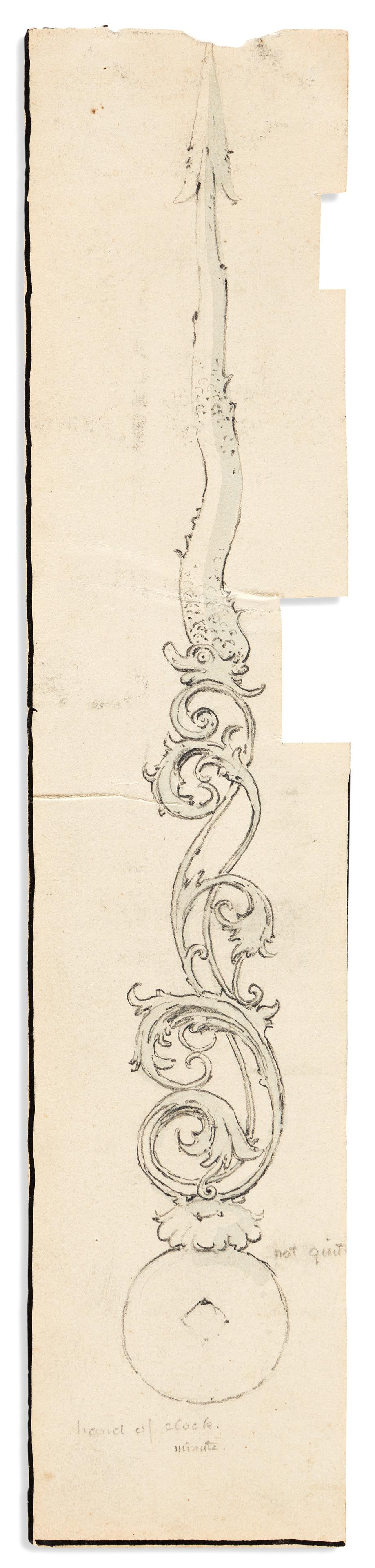 MAXFIELD PARRISH (1870-1966) Design study for clock: MAXFIELD PARRISH (1870-1966) Design study for clock minute hand, circa 1890. Graphite and grey wash on paper with partial hand-inked border. 260x55 mm; 10¼x2¼ inches, unevenly clipped from l