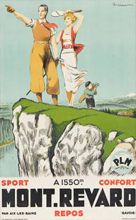PAUL ORDNER (1900-1969) "Mont - Revard." [GOLF /: PAUL ORDNER (1900-1969) "Mont - Revard." Poster produced by Lafayette, Paris, circa 1935. 978x603 mm; 38½x23¾ inches. Linen-backed; framed. Provenance: From the collection of Dick McDonough.