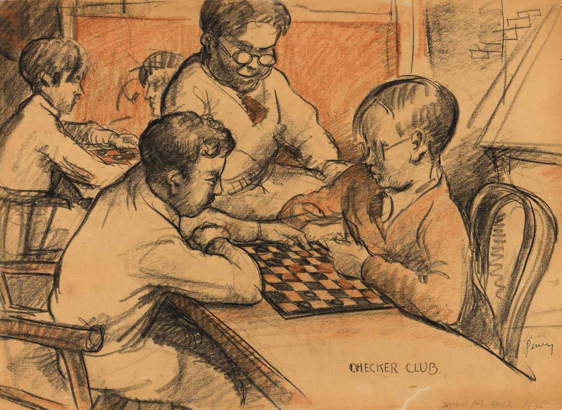 JAMES PENNEY (1910-1982) Boys Room, YMCA, and Checker: JAMES PENNEY (1910-1982) Boys Room, YMCA, and Checker Club, (Pair). Pencil and conte crayon on brown paper laid to paper, 1932. 13x18 inches each. Both works signed, James Penney, dated, 1932, and ins