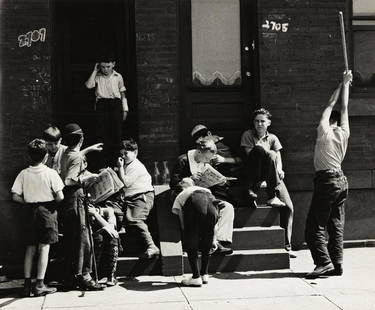 PETER SEKAER (1901-1950) Sunday morning, boys on stoop,: PETER SEKAER (1901-1950) Sunday morning, boys on stoop, Morris Avenue, Philadelphia. Silver print, the image measuring 158.8x190.5 mm; 6¼x7½ inches, the mount 342.9x266.7 mm; 13½x10