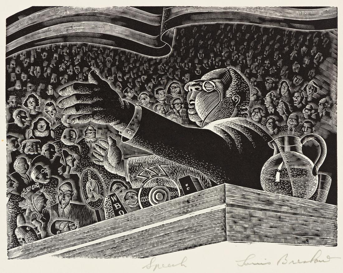 LOU BARLOW (1908-2011) Speech.: LOU BARLOW (1908-2011) Speech. Wood engraving. 115x160 mm; 4½x6¼ inches, wide margins. Signed and titled in pencil, lower margin and inscribed "9" in the lower right corner. Published by the