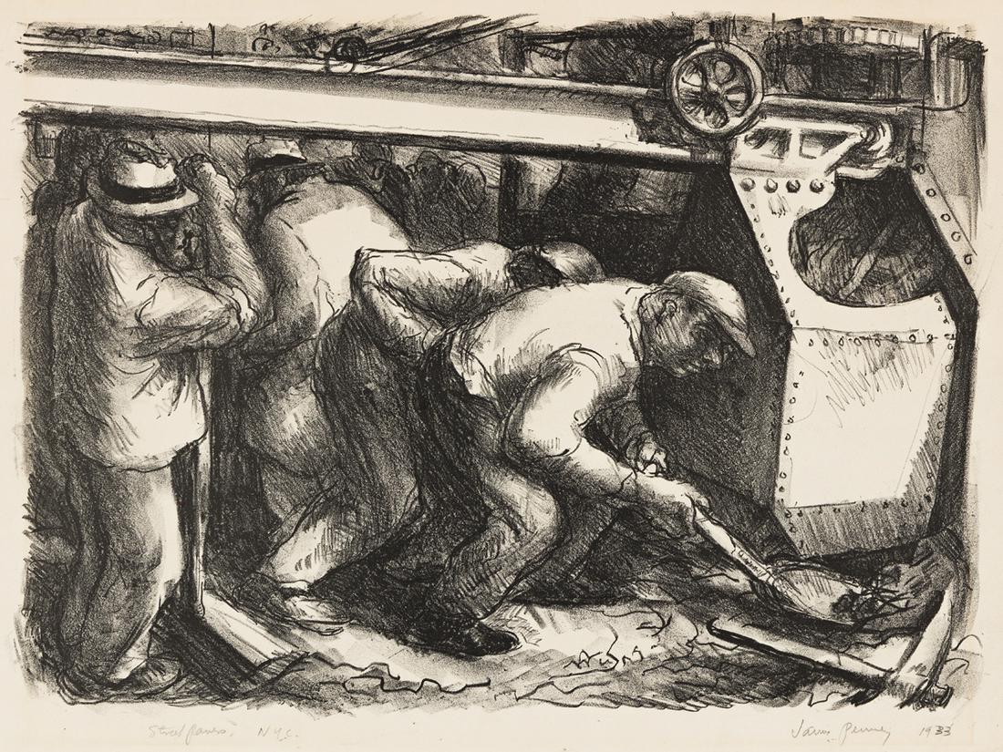 JAMES PENNEY (1910-1982) Street Pavers.: JAMES PENNEY (1910-1982) Street Pavers. Lithograph. 280x390 mm; 11x15 inches, wide margins. Signed, dated and inscribed "Steel Pavers, NYC" in pencil, lower margin. 1933.A very good impression.