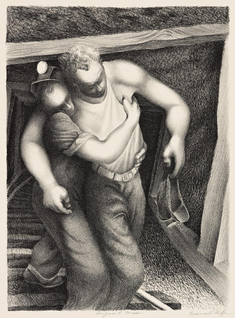 BERNARD STEFFEN (1907-1980) Injured Miner.: BERNARD STEFFEN (1907-1980) Injured Miner. Lithograph. 310x227 mm; 12¼x9 inches, full margins. Signed and titled in pencil, lower margin. Circa 1937.A very good impression.In 1938 Steffen painted