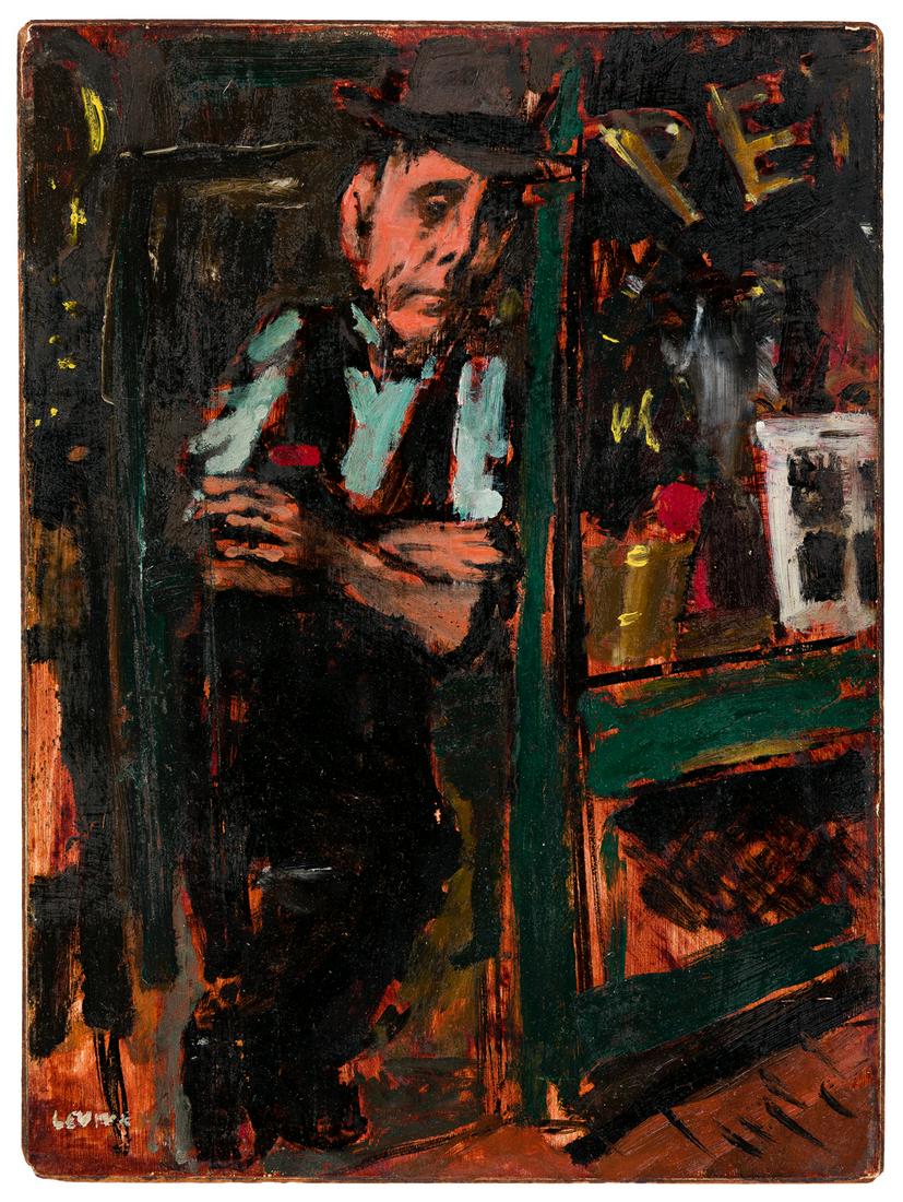 JACK LEVINE (1915-2010) Man Standing in a Store: JACK LEVINE (1915-2010) Man Standing in a Store Doorway. Oil on panel. 305x228 mm; 12x9 inches. Signed, Levine, lower left.Jack Levine participated in the Easel Project as part of the WPA/FAP program.