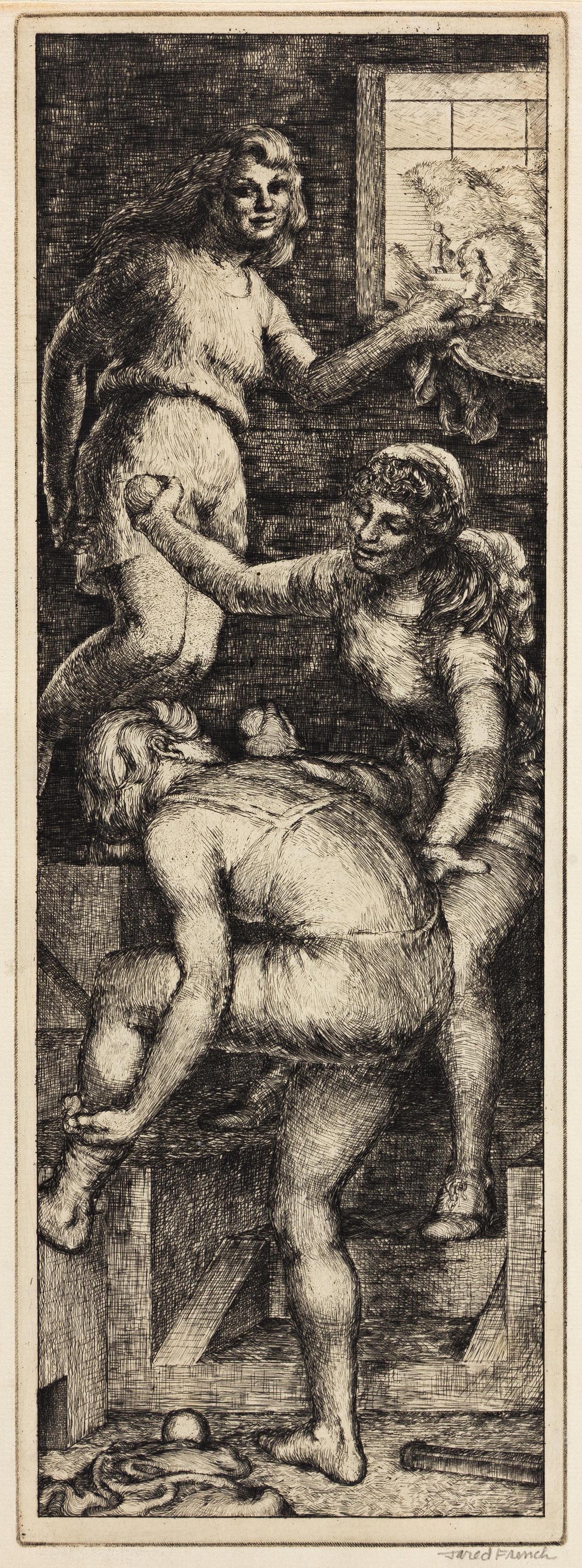 JARED FRENCH (1905-1988) Three Girls.: JARED FRENCH (1905-1988) Three Girls. Etching. 358x130 mm; 14x5 inches, full margins. Signed in pencil, lower right, titled and inscribed "Edition of 25" and "Jared French--5 St. Luke's Pl. N.Y.C." in