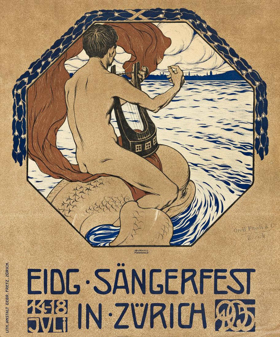 BURKHARD MANGOLD (1873-1950). EIDG SÄNGERFEST IN: BURKHARD MANGOLD (1873-1950) EIDG SÄNGERFEST IN ZÜRICH. 1905. 37x31 inches, 95x78 cm. Gebr Fretz, Zurich. Condition B+: tears at edges; minor creases in margins and image; printers' ink stam