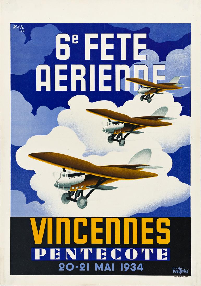 KAR (DATES UNKNOWN). 6E FETE AERIENNE / VINCENNES.: KAR (DATES UNKNOWN) 6E FETE AERIENNE / VINCENNES. 1934. 21x15 inches, 54x38 cm. Société Nouvelle Publicitas, Paris. Condition A-: tape stains on verso in corners, showing through; small loss