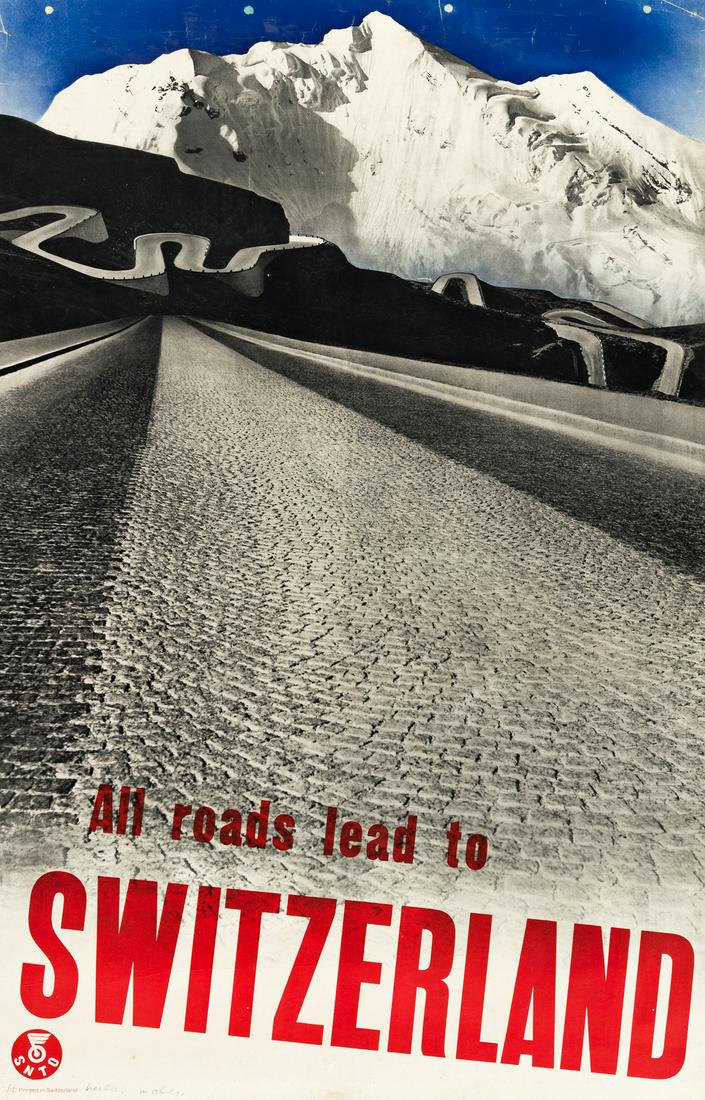 HERBERT MATTER (1907-1984). ALL ROADS LEAD TO: HERBERT MATTER (1907-1984) ALL ROADS LEAD TO SWITZERLAND. 1935. 39x25 inches, 100x74 cm. Fretz, Zurich. Condition B+ / B: repaired tears at edges; sharp creases, abrasions and restoration at edges and