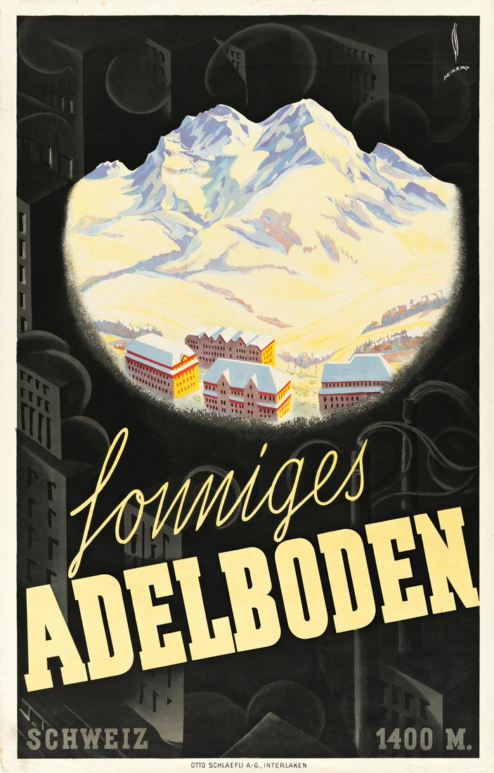 MARTIN PEIKERT (1901-1975). ADELBODEN. Circa 1935.: MARTIN PEIKERT (1901-1975) ADELBODEN. Circa 1935. 39x25 inches, 99x63 cm. Otto Schlaefli, Interlaken. Condition B+ / A-: small repaired tears at edges; minor creases in margins and image. Paper.