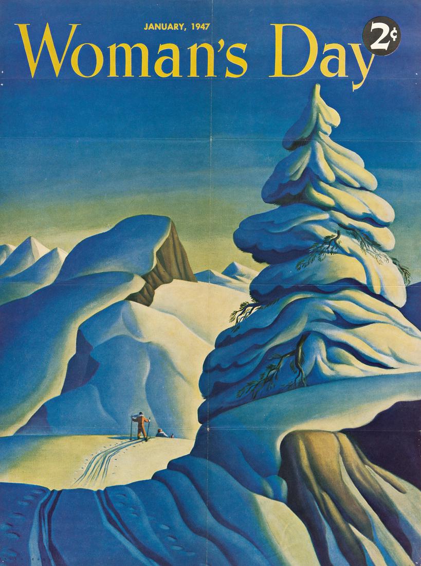 DALE NICHOLS (1904-1995). WOMAN'S DAY. 1947. 27x20: DALE NICHOLS (1904-1995) WOMAN'S DAY. 1947. 27x20 inches, 70x52 cm. Condition A-: minor creases and abrasions along vertical and horizontal folds. Paper. Dale Nichols was known for his nostalgic lands