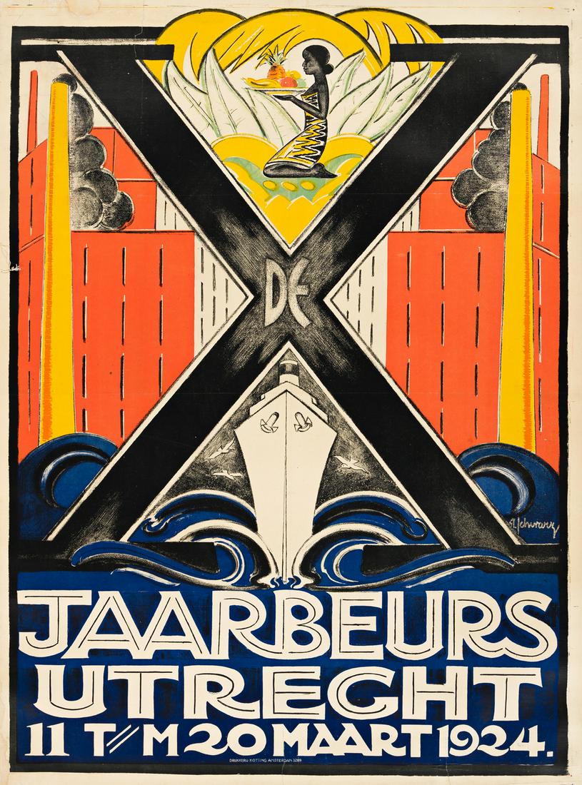 SAMUEL L. SCHWARZ (1876-1942). X DE JAARBEURS UTRECHT.: SAMUEL L. SCHWARZ (1876-1942) X DE JAARBEURS UTRECHT. 1924. 43x31 inches, 110x80 cm. Kotting, Amsterdam. Condition B: replaced losses in margins; repaired tears at edges, some into text and image; cre
