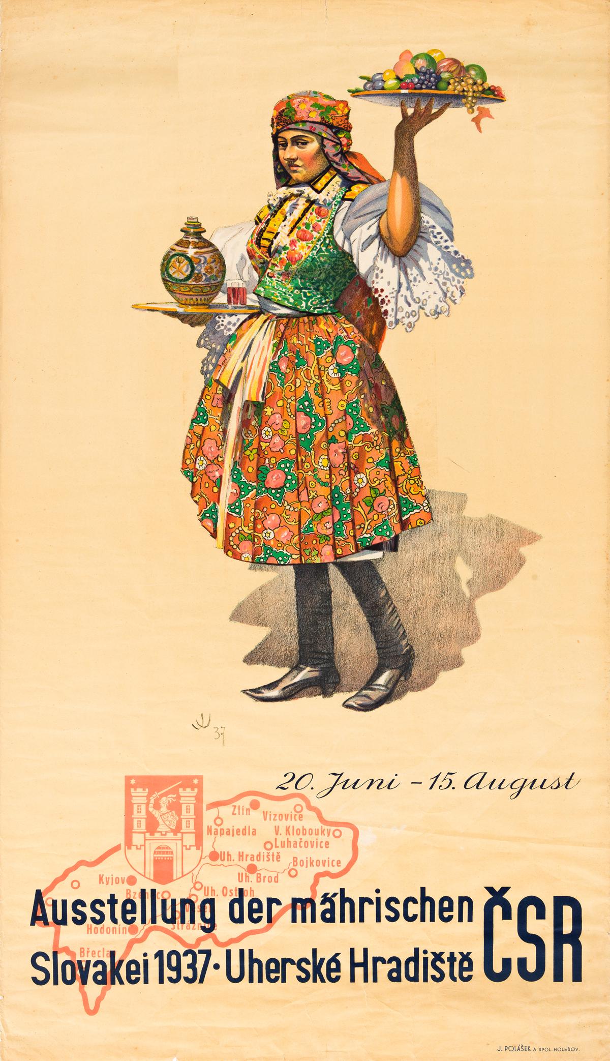 JOZA UPRKA (1861-1940). AUSSTELLUNG DER MÄ: JOZA UPRKA (1861-1940) AUSSTELLUNG DER MÄHRISCHEN SLOVAKEI / CSR. 1937. 37x21 inches, 95x54 cm. J. Polasek, Holesov. Condition B: tears and foxing at edges; creases at edges and in image. Paper.