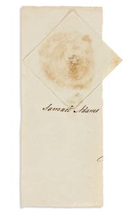 ADAMS, SAMUEL. Clipped Signature, on a fragment of a: SIGNATURE UNDER THE STATE SEAL ADAMS, SAMUEL. Clipped Signature, on a fragment of a document, likely an appointment, including only the paper seal. 8¾x3½ inches; faint staining affecting