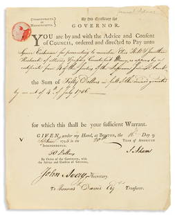 ADAMS, SAMUEL. Partly-printed Document Signed, "S: ADAMS, SAMUEL. Partly-printed Document Signed, "S Adams," as Governor, ordering Treasurer Thomas Davis to pay "Squire Eastman for prosecuting to conviction Elias Hull & Jonathan Hasbrook of uttering