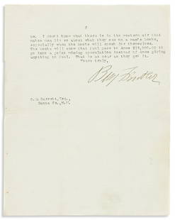 BUTLER, BENJAMIN F. Typed Letter Signed, "Benj Butler,": BUTLER, BENJAMIN F. Typed Letter Signed, "Benj Butler," to his legal partner O.D. Barrett, instructing him to wait concerning the Mora [Land] Grant, noting that a bill that passed the House prevents