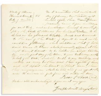 (MORMONS.) SMITH, JOSEPH. Document Signed, "Joseph: (MORMONS.) SMITH, JOSEPH. Document Signed, "Joseph Smith Mayor," an affidavit for Isaac P. Chase, certifying Chase's obligation to appear in court or pay a fine. 7x7½ inches, ruled paper;