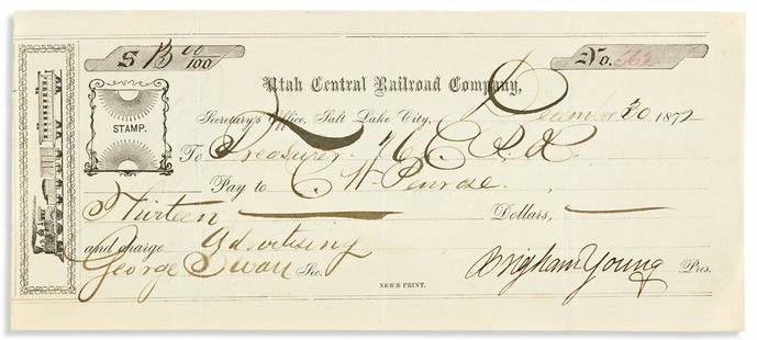 (MORMONS.) YOUNG, BRIGHAM. Partly-printed Document: (MORMONS.) YOUNG, BRIGHAM. Partly-printed Document Signed, as President of the Utah Central Railroad Company, ordering the treasurer of the UCRC to pay $13 to C.W. Penrose. 1 page, 3½x8 inches;