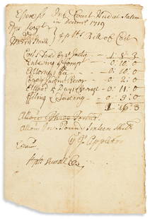 SEWALL, STEPHEN. Document Signed, "Steph Sewall: CLERK AT SALEM WITCH TRIALS SEWALL, STEPHEN. Document Signed, "Steph Sewall Cler[k]," bill for court costs including attorney, filing and taxing fees amounting to £3.14.3. 1 page, 12mo; minor