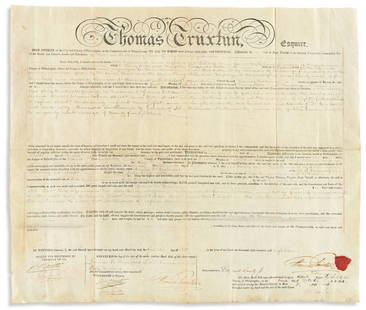 TRUXTUN, THOMAS. Partly-printed vellum Document Signed,: COMMODORE TRUXTUN TRUXTUN, THOMAS. Partly-printed vellum Document Signed, twice, as Sheriff of Philadelphia, a Deed of Poll, acknowledging receipt of $640 from James H. Dundas and certifying the