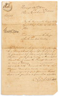 WALTON, GEORGE. Document Signed, "GeoWalton," as GA: SIGNER WALTON, GEORGE. Document Signed, "GeoWalton," as GA Chief Justice, a warrant ordering the appearance of Thomas Galphin before the Superior Court. Additionally signed and inscribed by John