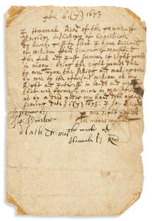 WINSLOW, JOSIAH. Document Signed, "Jos: Winslow,": GOVERNOR OF PLYMOUTH COLONY WINSLOW, JOSIAH. Document Signed, "Jos: Winslow," bearing witness to Hannah [Holloway] Read's receipt of 8 pounds for a tract of land in Marshfield [MA] deeded by her to
