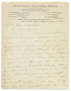 ANTHONY, SUSAN B. Autograph Letter Signed, to William: IN . . . OLDER TIMES, . . . ONLY FROWNS AND SCOFFS CAME ANTHONY, SUSAN B. Autograph Letter Signed, to William Van Benthuysen, expressing gratitude for a $20 donation and contrasting his gift with