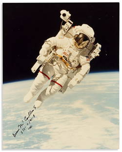 (ASTRONAUTS.) MCCANDLESS II, BRUCE. Photograph Signed: (ASTRONAUTS.) MCCANDLESS II, BRUCE. Photograph Signed with holograph mission number ("STS-11 / 41-B"), full-length portrait showing him from the front in the Manned Maneuvering Unit. Signed