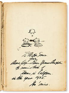 CHAPLIN, CHARLIE. My Trip Abroad. Signed and Inscribed,: INSCRIBED WITH HIS SELF-PORTRAIT CHAPLIN, CHARLIE. My Trip Abroad. Signed and Inscribed, with a small ink drawing, to cartoonist Milt Gross, on front free endpaper: "To Milt Gross / from / Charles
