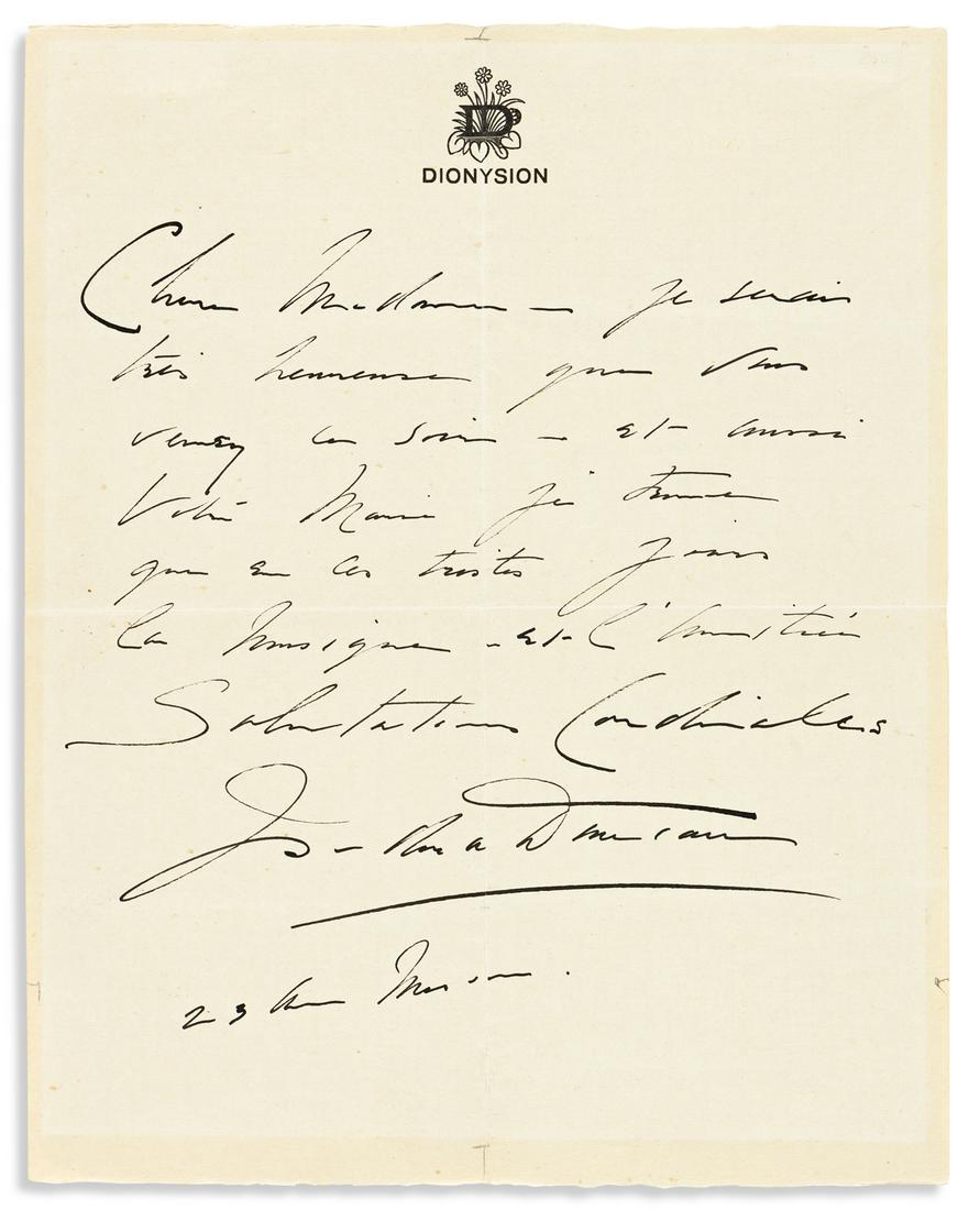 DUNCAN, ISADORA. Autograph Letter Signed, to Madame la: DUNCAN, ISADORA. Autograph Letter Signed, to Madame la Comtesse Godin de Lupé, in French, inviting her and her husband to visit. 1 page, 4to, "Dionysion" stationery; folds. With the original enve