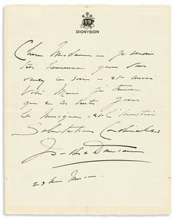 DUNCAN, ISADORA. Autograph Letter Signed, to Madame la: DUNCAN, ISADORA. Autograph Letter Signed, to Madame la Comtesse Godin de Lupé, in French, inviting her and her husband to visit. 1 page, 4to, "Dionysion" stationery; folds. With the original