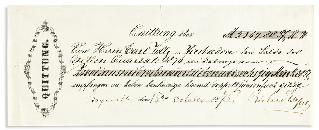 WAGNER, RICHARD. Partly-printed Document dated and: TWO MONTHS AFTER FIRST BAYREUTH FESTIVAL WAGNER, RICHARD. Partly-printed Document dated and Signed, receipt from Carl Voltz [of theatrical agents Volts and Batz, Wiesbaden], in German: "the balance fo