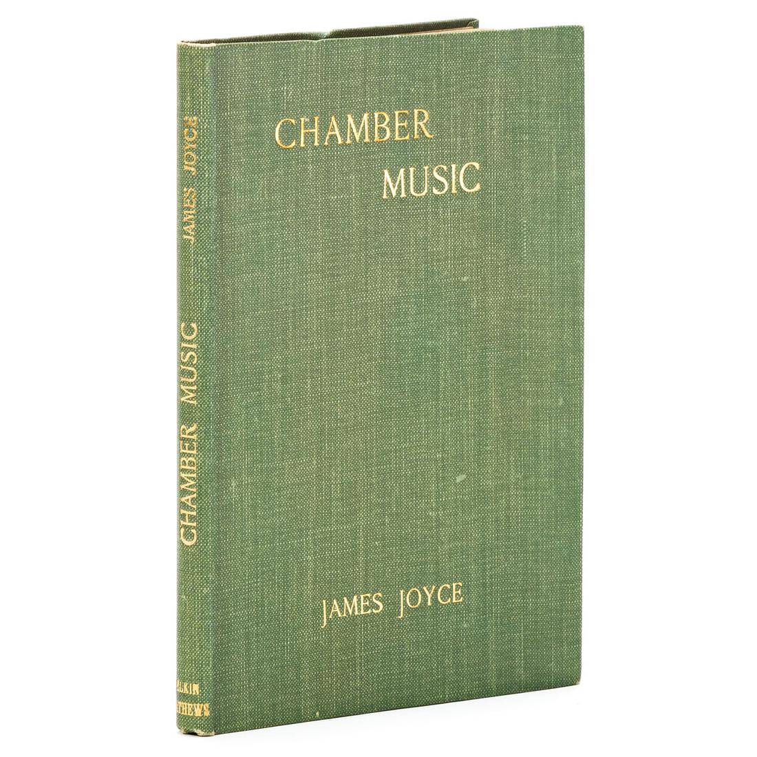 JOYCE, JAMES. Chamber Music.: JOYCE, JAMES. Chamber Music. Illustrated title. Small 8vo, publisher's gilt-lettered green cloth; toning to endleaves as usuyal. First edition, binding variant C, with wove endpapers, lacking glassine