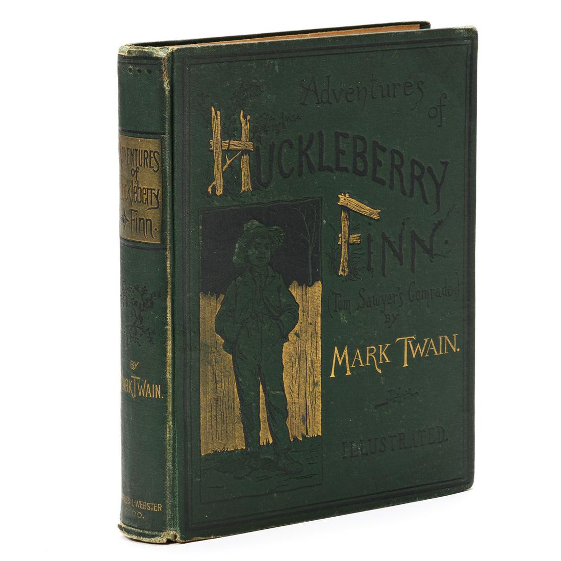 TWAIN, MARK. Adventures of Huckleberry Finn.: TWAIN, MARK. Adventures of Huckleberry Finn. Frontispiece and text illustrations by E.W. Kemble, photogravure plate of a portrait bust by Karl Gerhardt (BAL state 1). 4to, publisher's green pictorial 