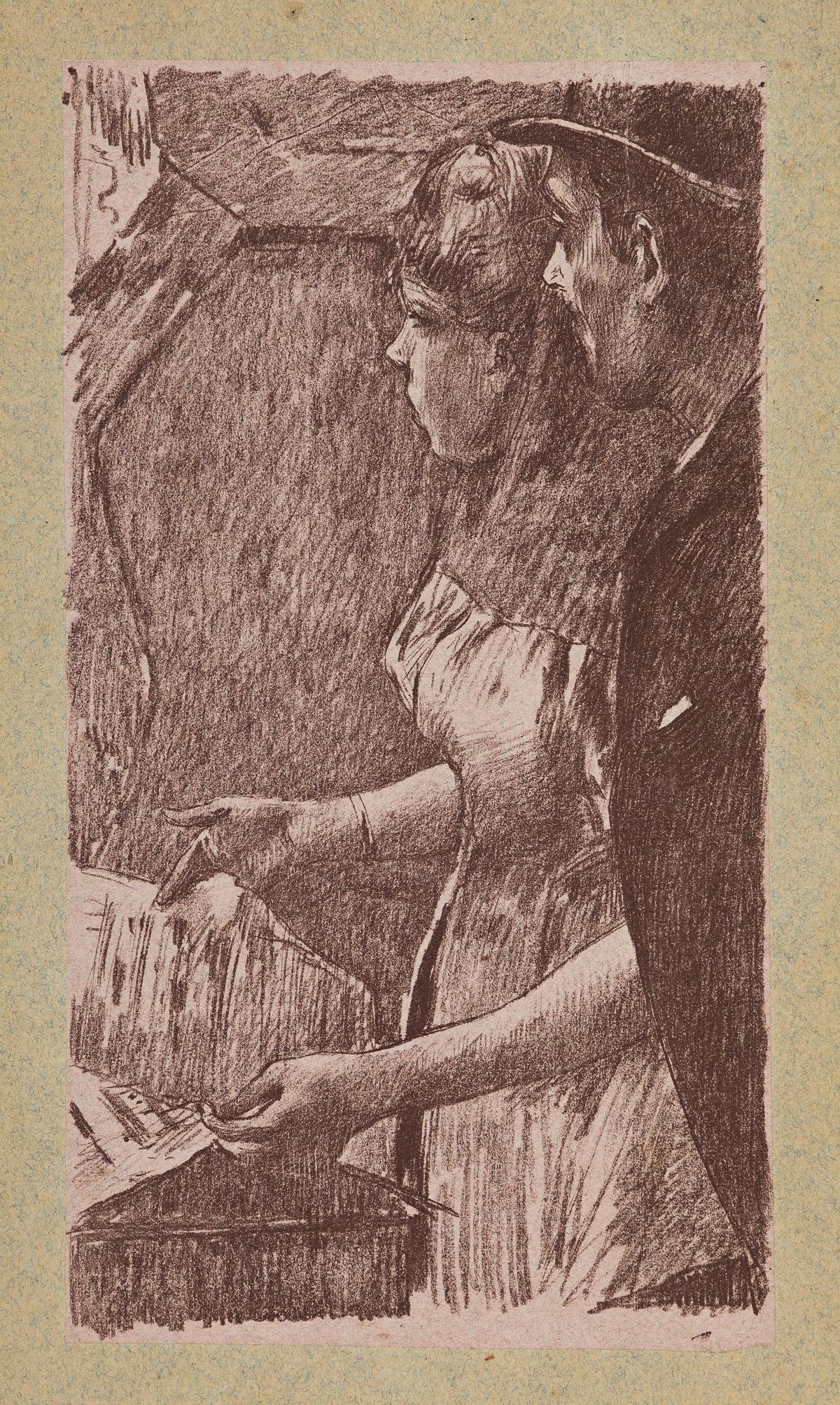 EDGAR DEGAS and GEORGE W. THORNLEY L'Attente de la: EDGAR DEGAS and GEORGE W. THORNLEYL'Attente de la Chanteuse.Lithograph printed in violet on pale cream Chine appliqué on a greenish blue wove backing sheet, circa 1888-89. 248x140 mm; 9x5½ i